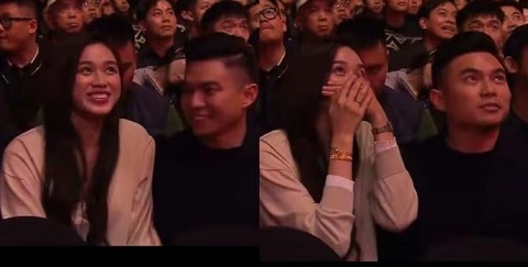 Hoa hậu Đỗ Thị Hà và chồng thiếu gia gây chú ý trong khoảnh khắc lọt ống kính máy quay trực tiếp